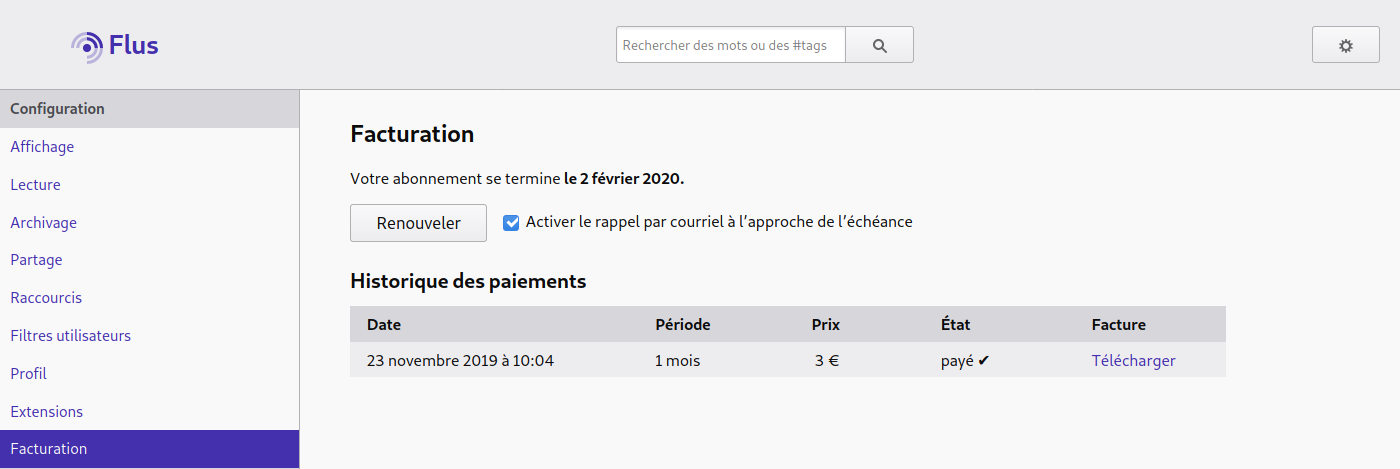 Capture d’écran affichant la page principale de facturation et affichant la case cochée du rappel de l’approche de l’échéance