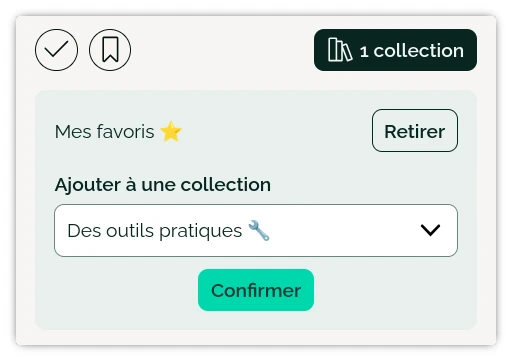 Le menu collections de l’extension est ouvert et montre que le lien est ajouté à la collection Mes favoris.