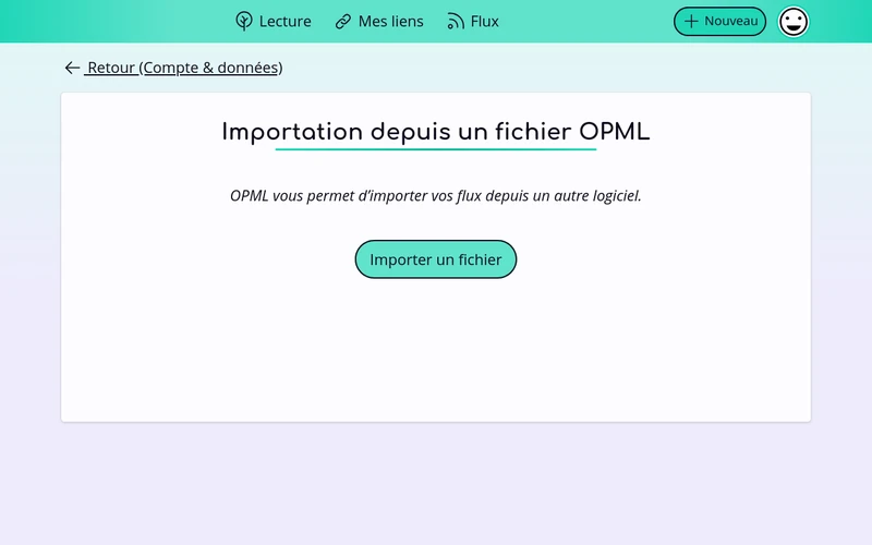 La page de Flus permettant d’importer un fichier OPML.