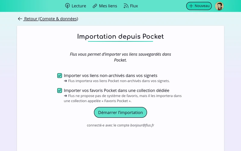 Le formulaire de Flus invitant à importer les données depuis Pocket.