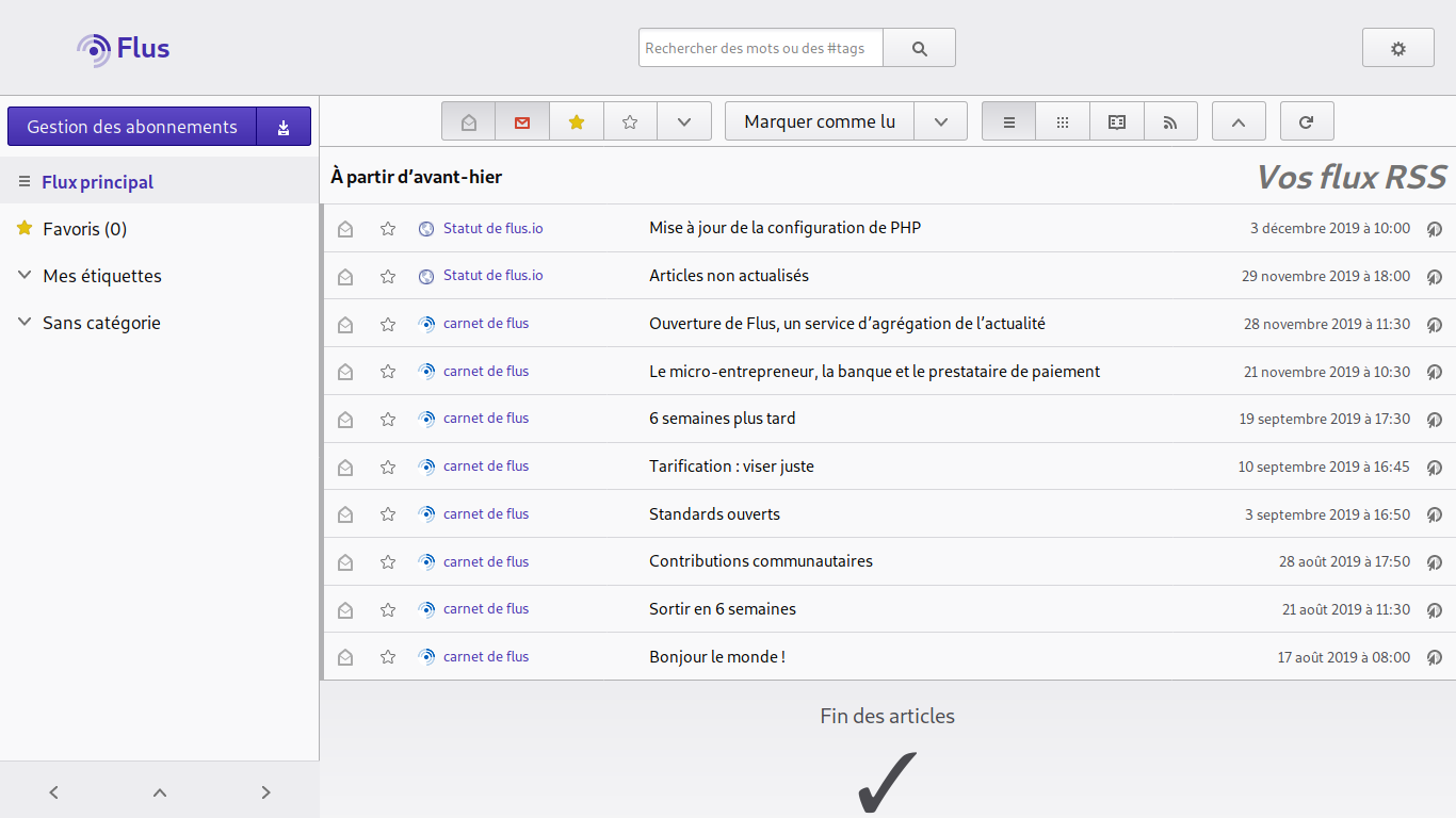 Capture d’écran de la page principale de Flus