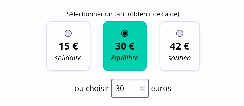 Une capture d’écran du formulaire de renouvellement qui montre trois tarifs (détaillés ci-dessous) et un champ permettant de définir le montant soi-même.