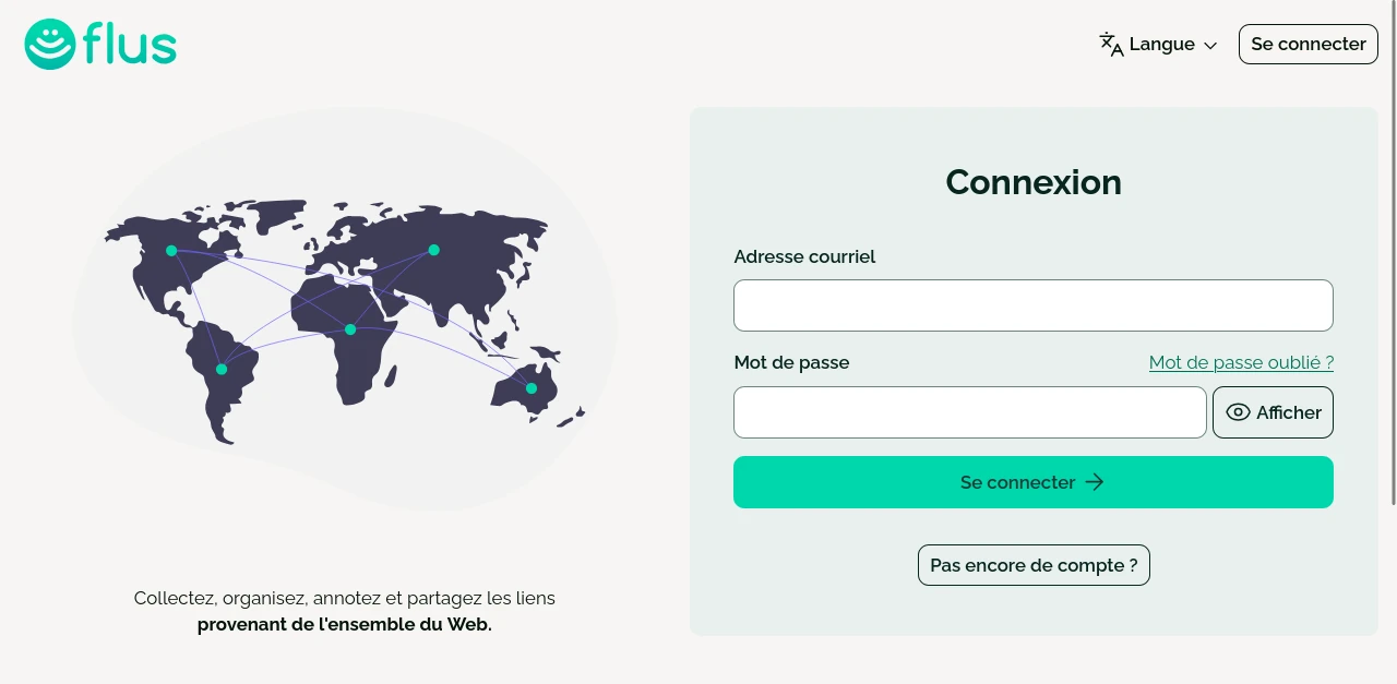 La nouvelle page de connexion de Flus avec une illustration à gauche, et le formulaire à droite.