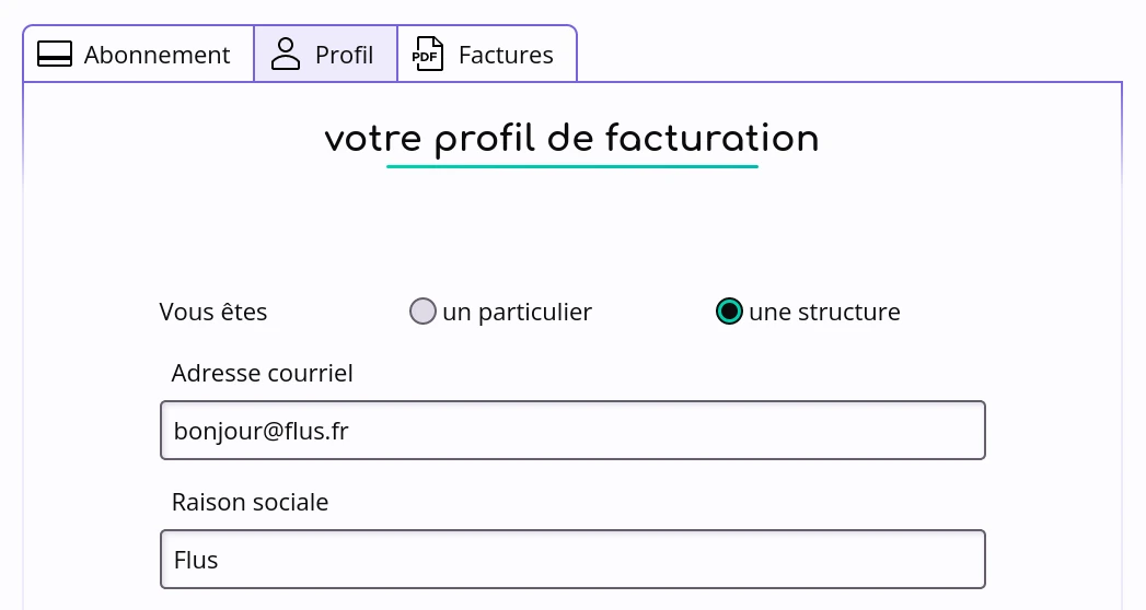 Capture d’écran du profil de facturation montrant un bouton radio placé sur « structure »