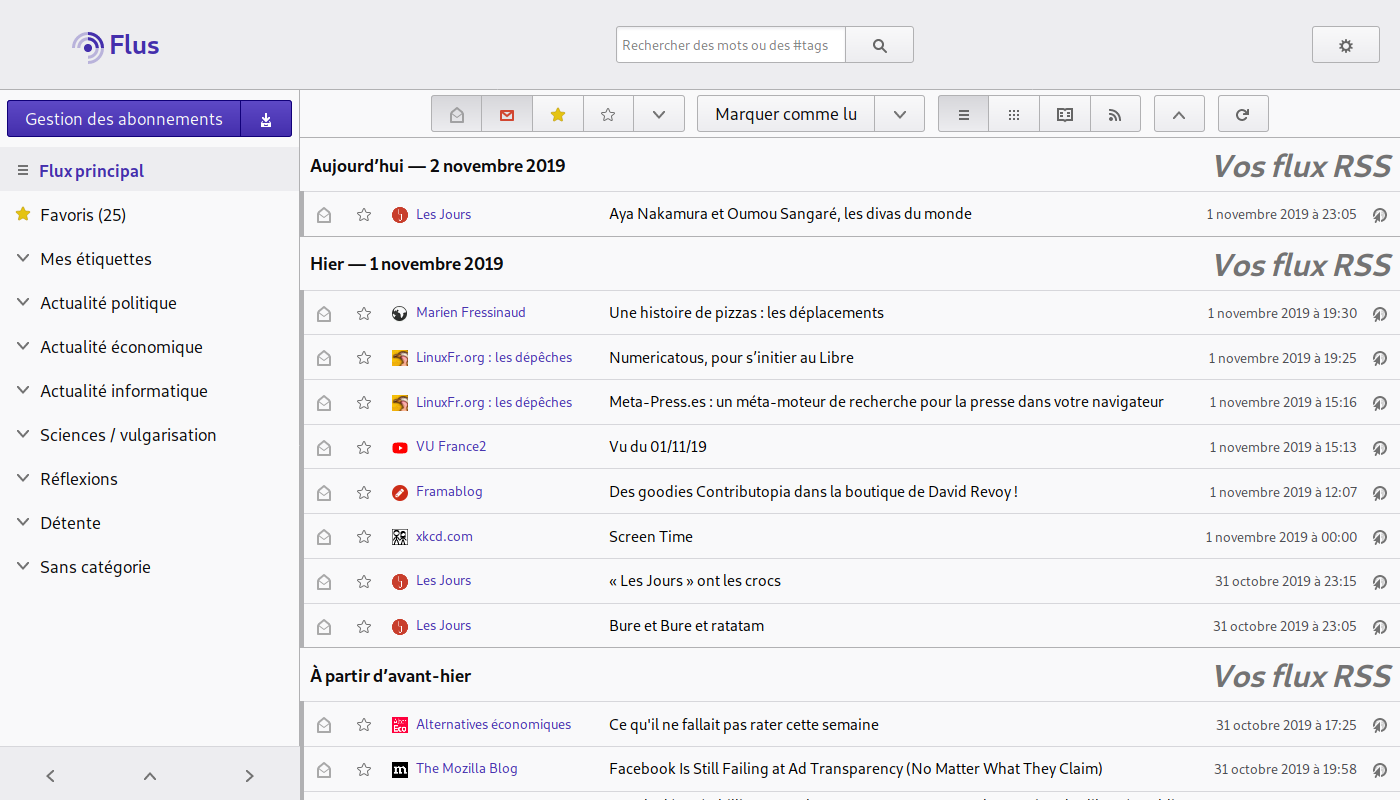 Capture d’écran de la page principale de Flus