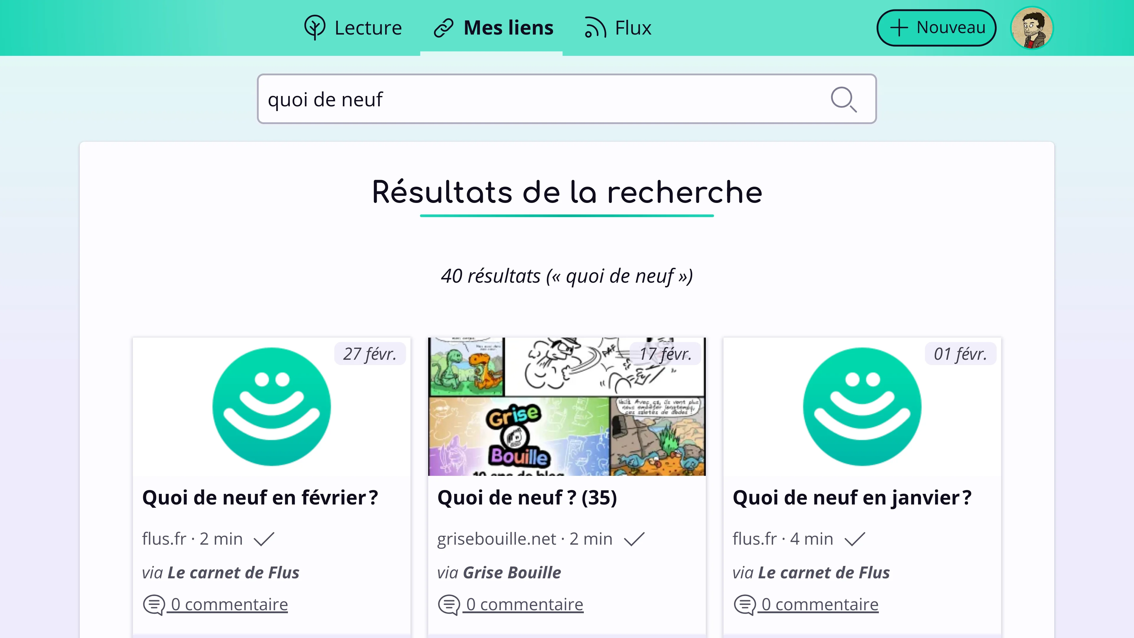 La page de résultats pour la recherche « quoi de neuf ». On y voit 3 liens sur 40 résultats.