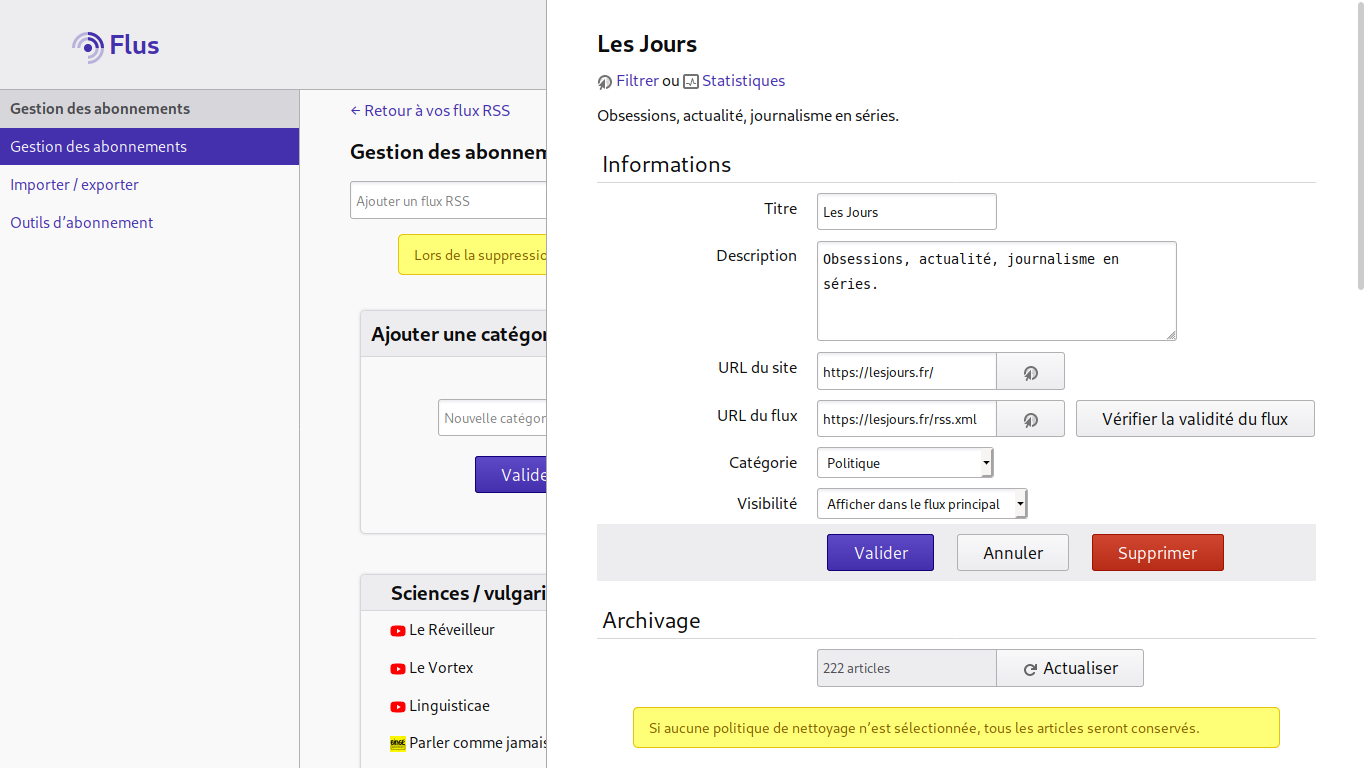Capture d’écran de la page de configuration d’une source