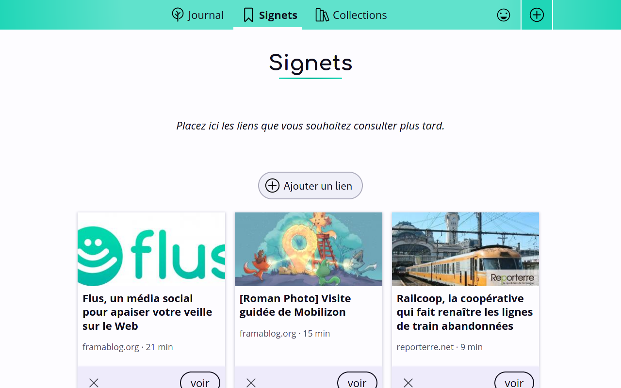Capture d’écran de la page des signets contenant 3 liens affichés avec leur illustration.