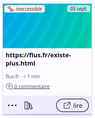 Une capture d’écran d’un lien dans Flus. En haut à gauche, un badge prévient que le lien est inaccessible pour Flus.