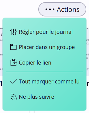Menu secondaire d’une collection affichant plusieurs actions possible sur la collection, dont l’avant-dernière option est « Tout marquer comme lu »