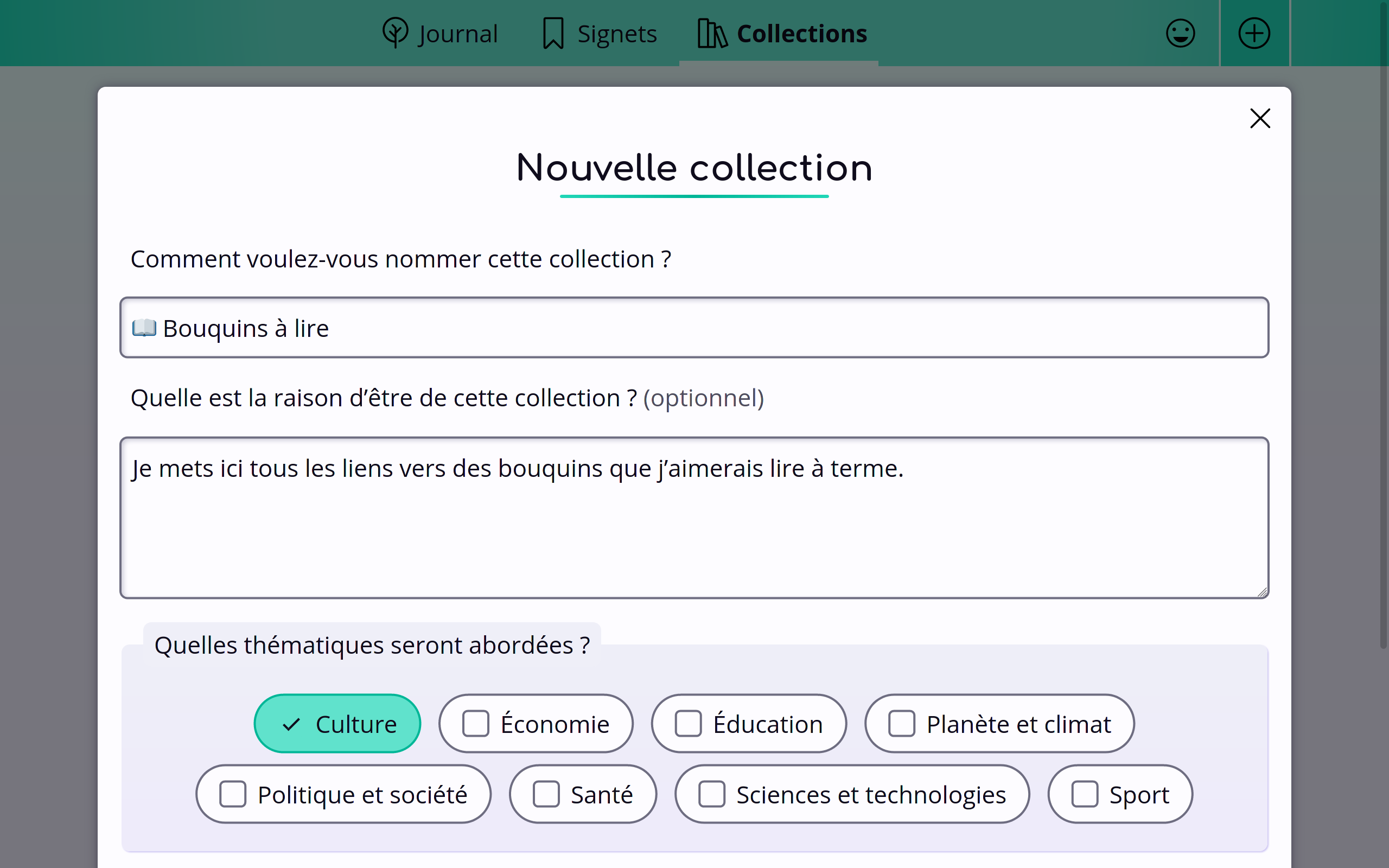 Fenêtre de création de collection, le formulaire est rempli avec une collection « Bouquins à lire »