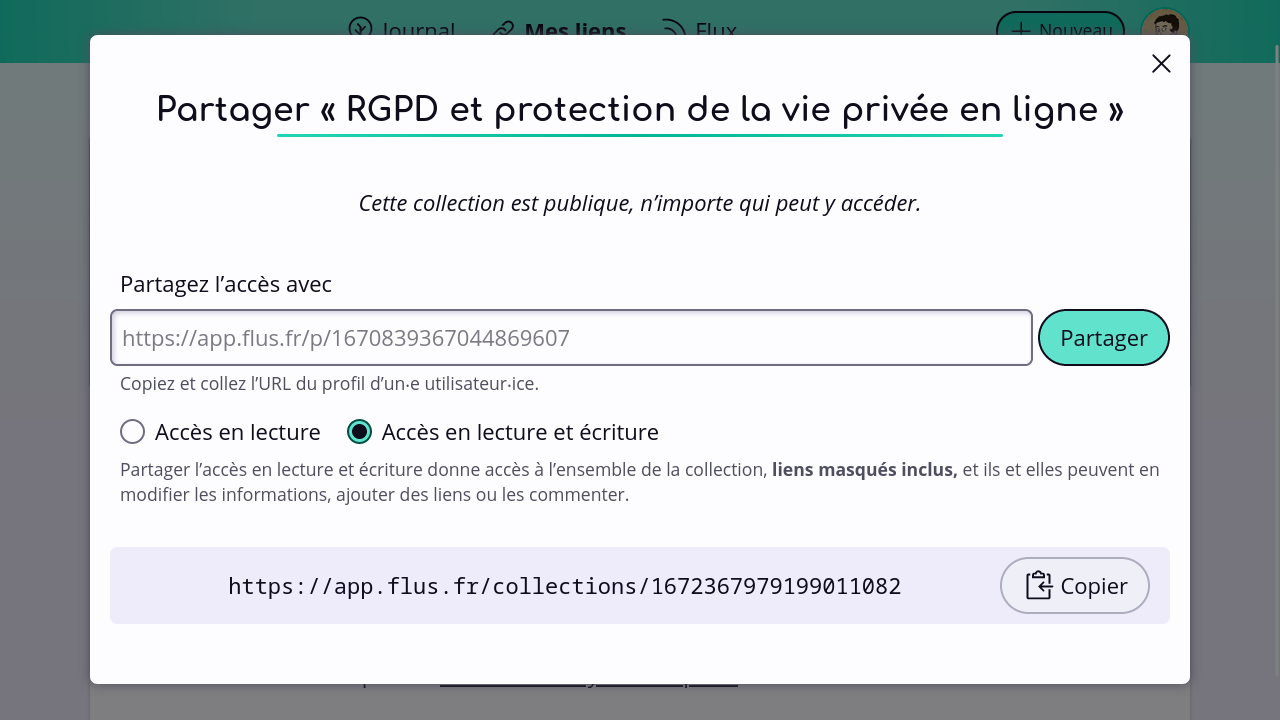 Une fenêtre modale affichant un champ pour saisir l’identifiant d’un‧e utilisateur‧ice ainsi que pour choisir le niveau d’accès. L’URL de la collection peut être copiée-collée en bas.