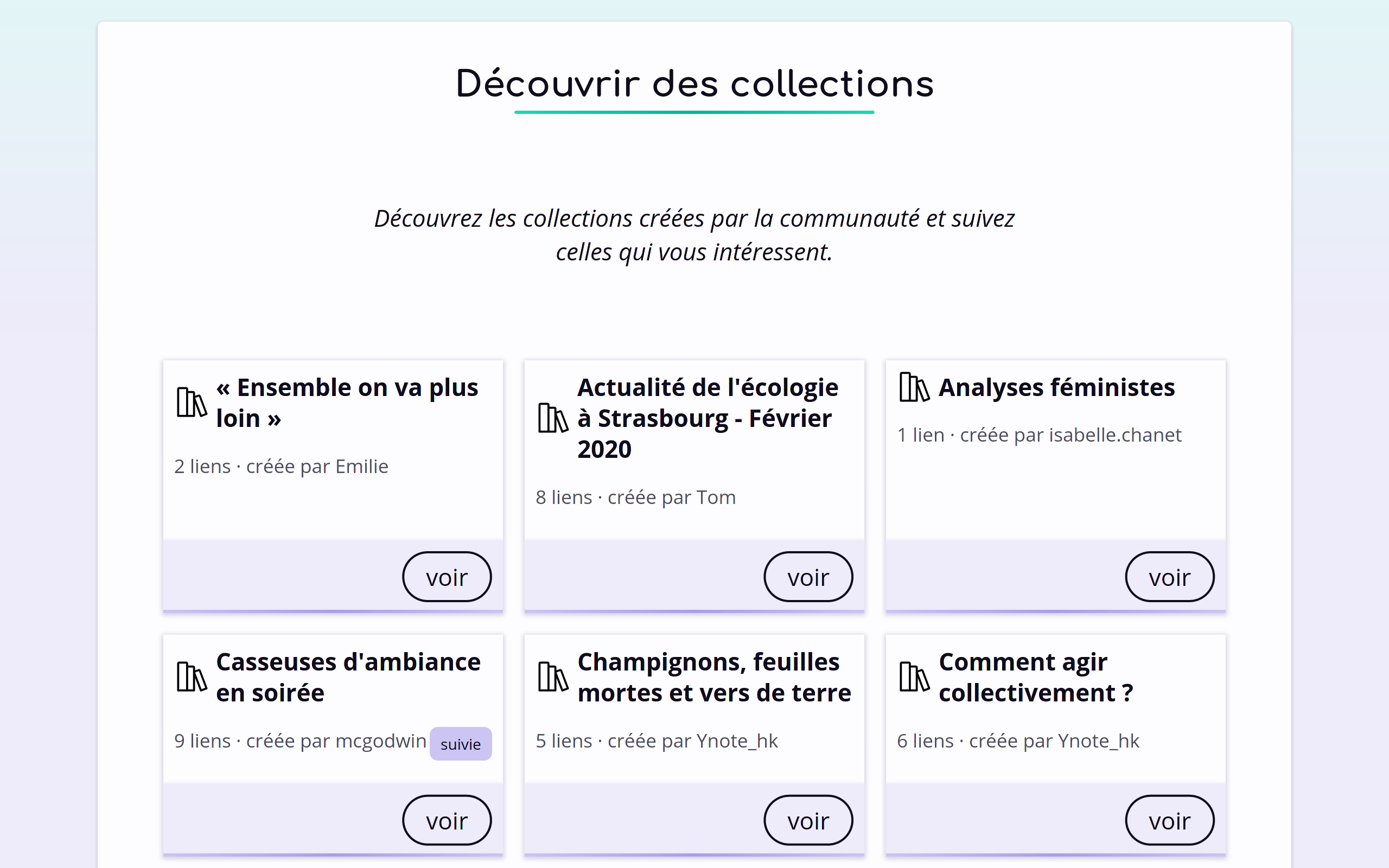 La page de découverte des collections publiques présentant 6 collections, dont une suivie