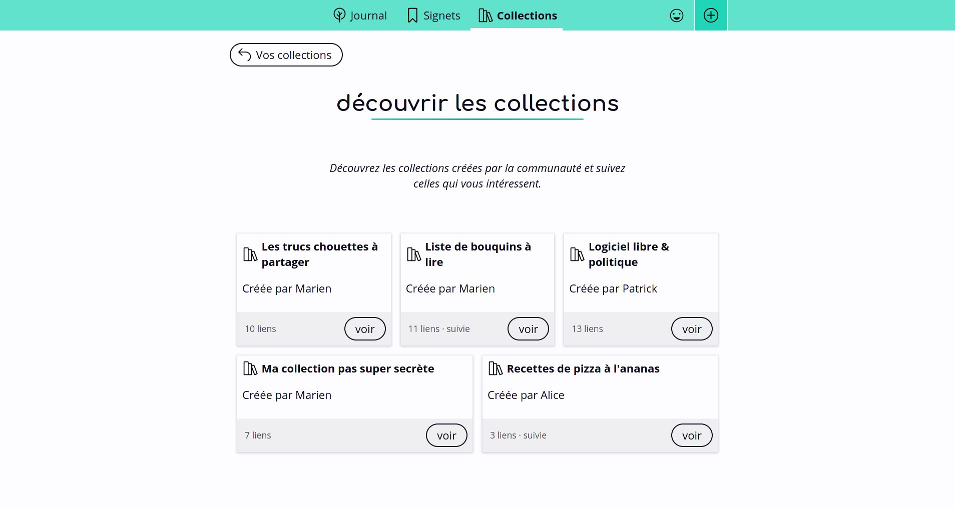 Une page listant 5 collections créées par différents utilisateurs et utilisatrices