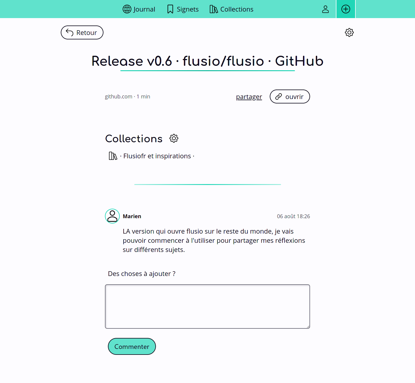 Interface de l’écran d’un lien permettant de commenter et partager