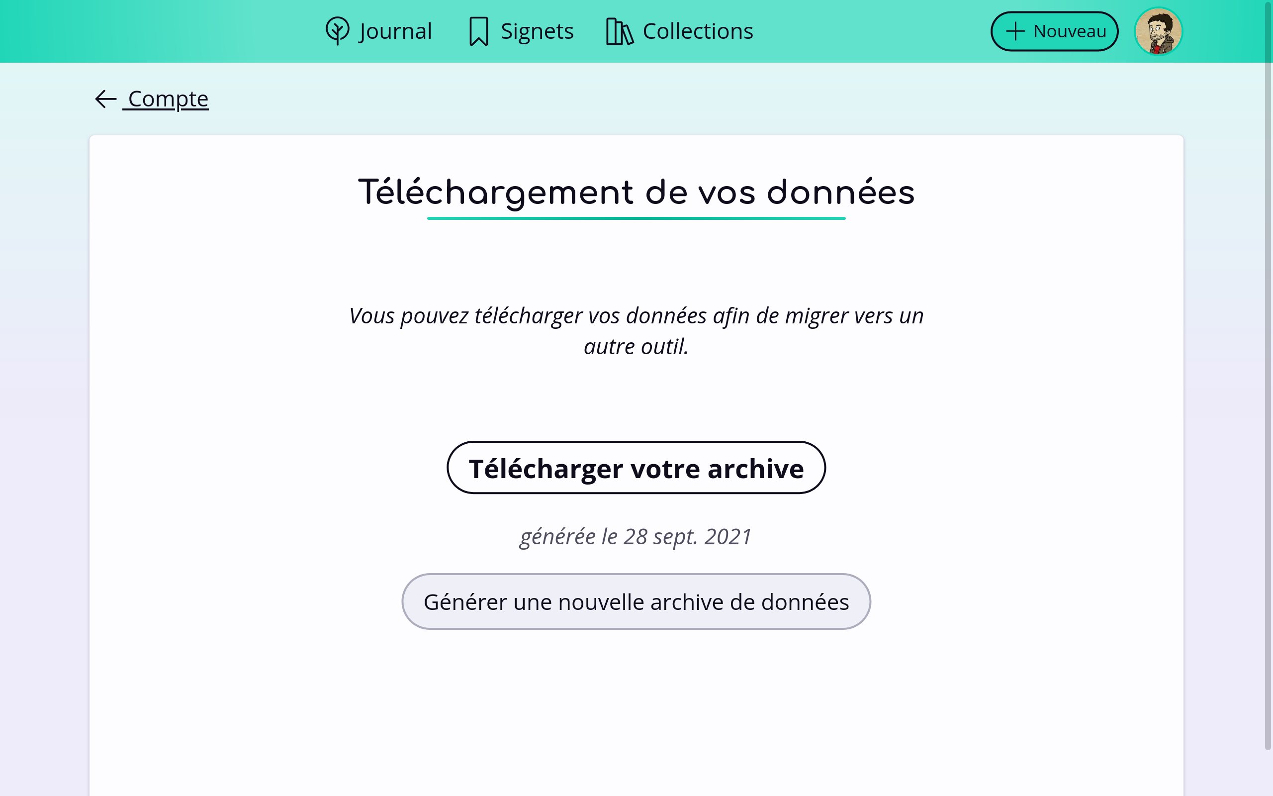 Capture d’écran de la page pour télécharger ses données, avec un lien pour télécharger son archive et un bouton pour créer une nouvelle archive
