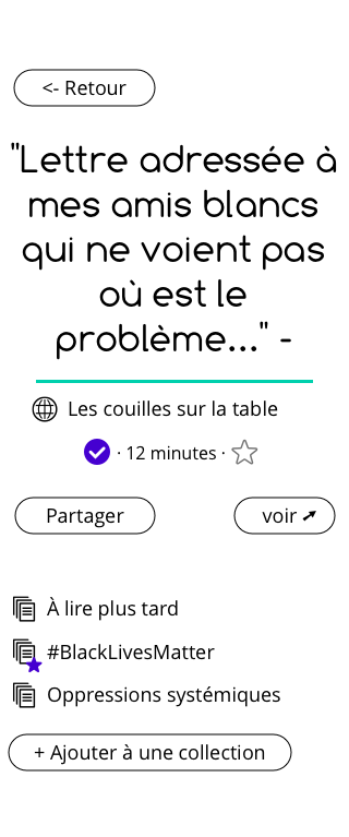 capture d'écran montrant la page mobile d’un lien spécifique avec son titre, durée de lecture, collections associées