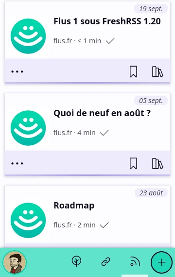 3 liens affichés sur mobile : une illustration carrée se trouve à gauche et le titre et les infos complémentaires à droite.