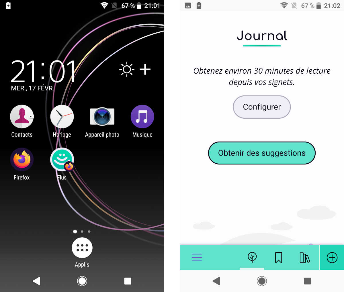Deux captures d’écran sur mobile, l’une montrant l’icône de Flus sur l’écran principal, l’autre montrant Flus ouvert dans son propre écran