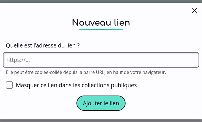 Une capture d'écran de la fenêtre d’ajout d’un lien affichant un champ « adresse » avec un placeholder « https:// ».