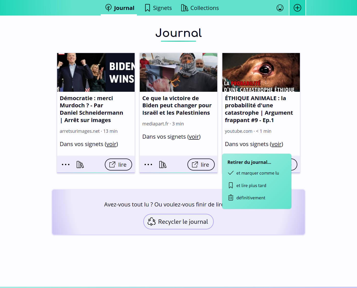 Capture d’écran du journal présentant 3 articles à lire, un menu et ouvert pour retirer un article du journal, et un bouton pour recycler le journal se trouve tout en bas