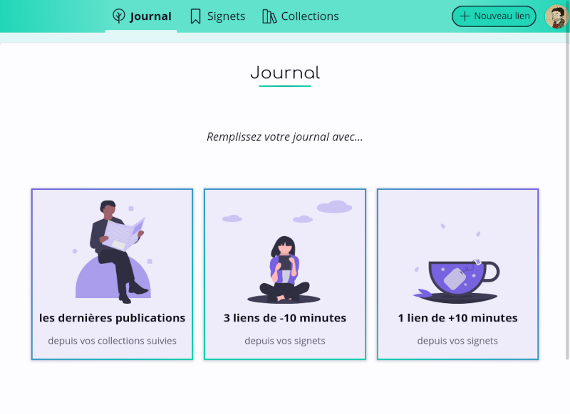 Capture d’écran du journal présentant trois boutons pour le remplir avec des liens à lire.
