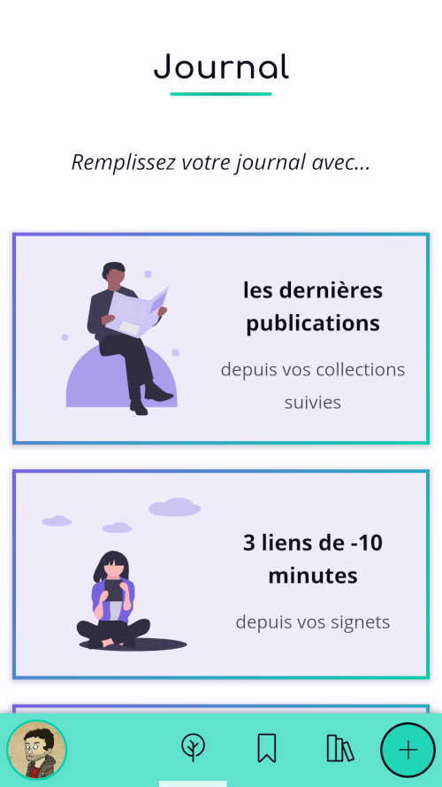 Capture d'écran du journal affichant les boutons « dernières publications » et « 3 liens de moins de 10 minutes », avec leur illustration sur la gauche.
