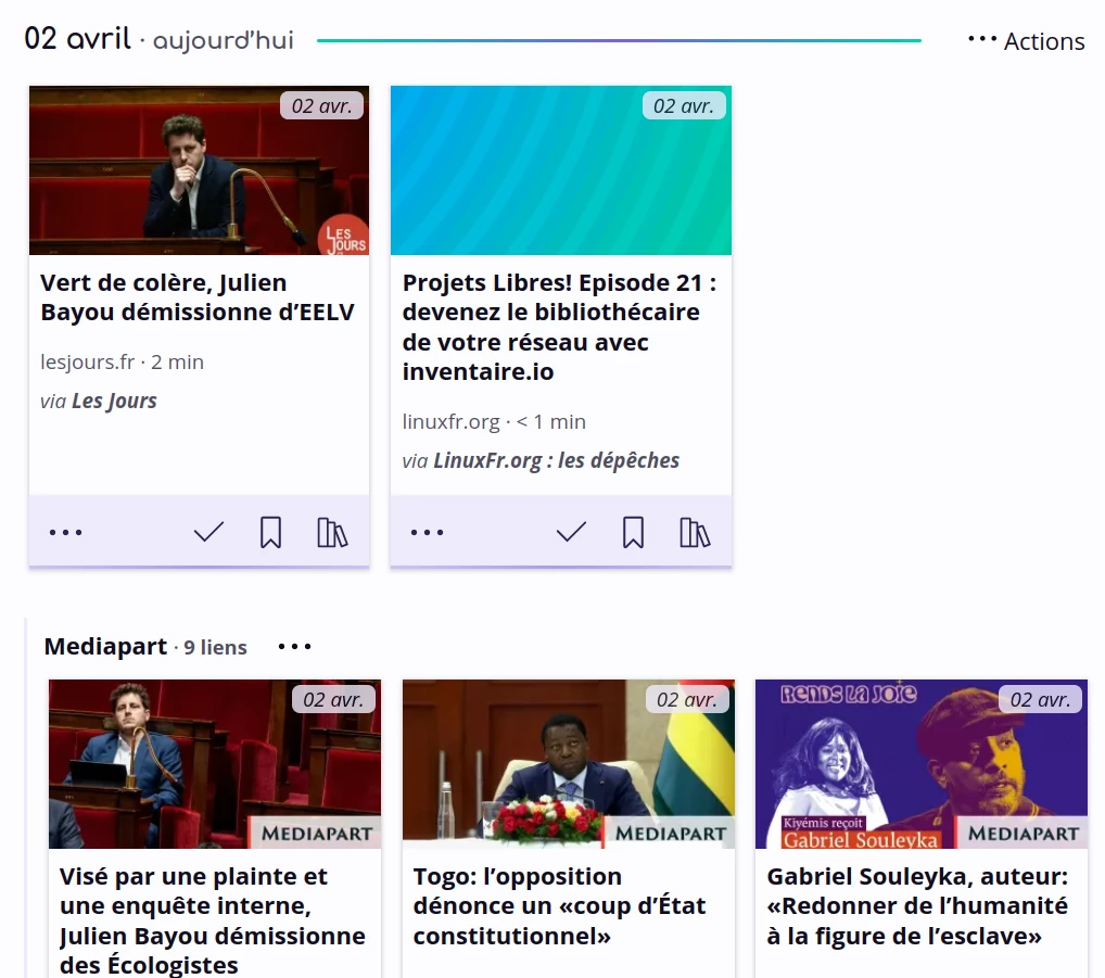 Des liens affichés dans le journal de l’application Flus. Ils sont affichés sous une ligne qui montre la date du jour et un bouton « Actions ». Les deux premiers liens sont affichés séparément, tandis que les suivants sont affichés dans un groupe correspondant au flux de Mediapart.