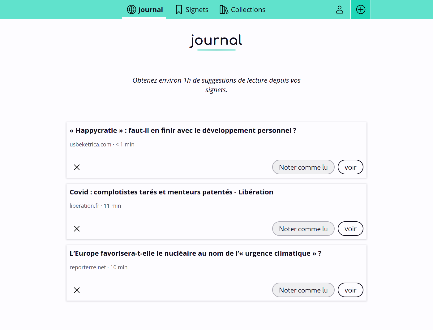 Interface de Flus montrant 3 liens différents avec la possibilité de les voir, de les marquer comme lus, ou de les masquer