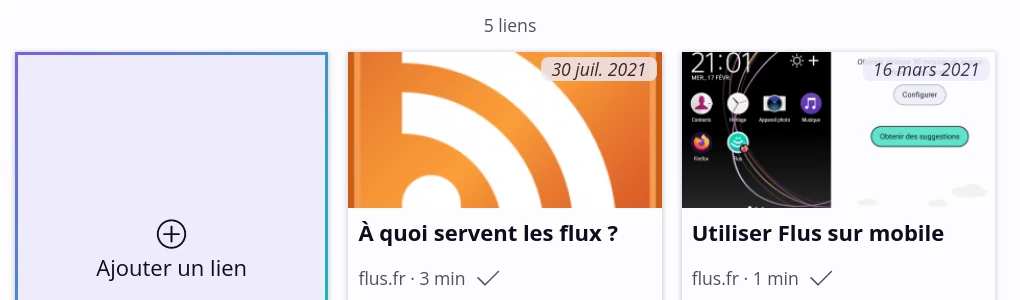 Un petit libellé indique « 5 liens » dans une collection, juste au-dessus de la liste des liens.