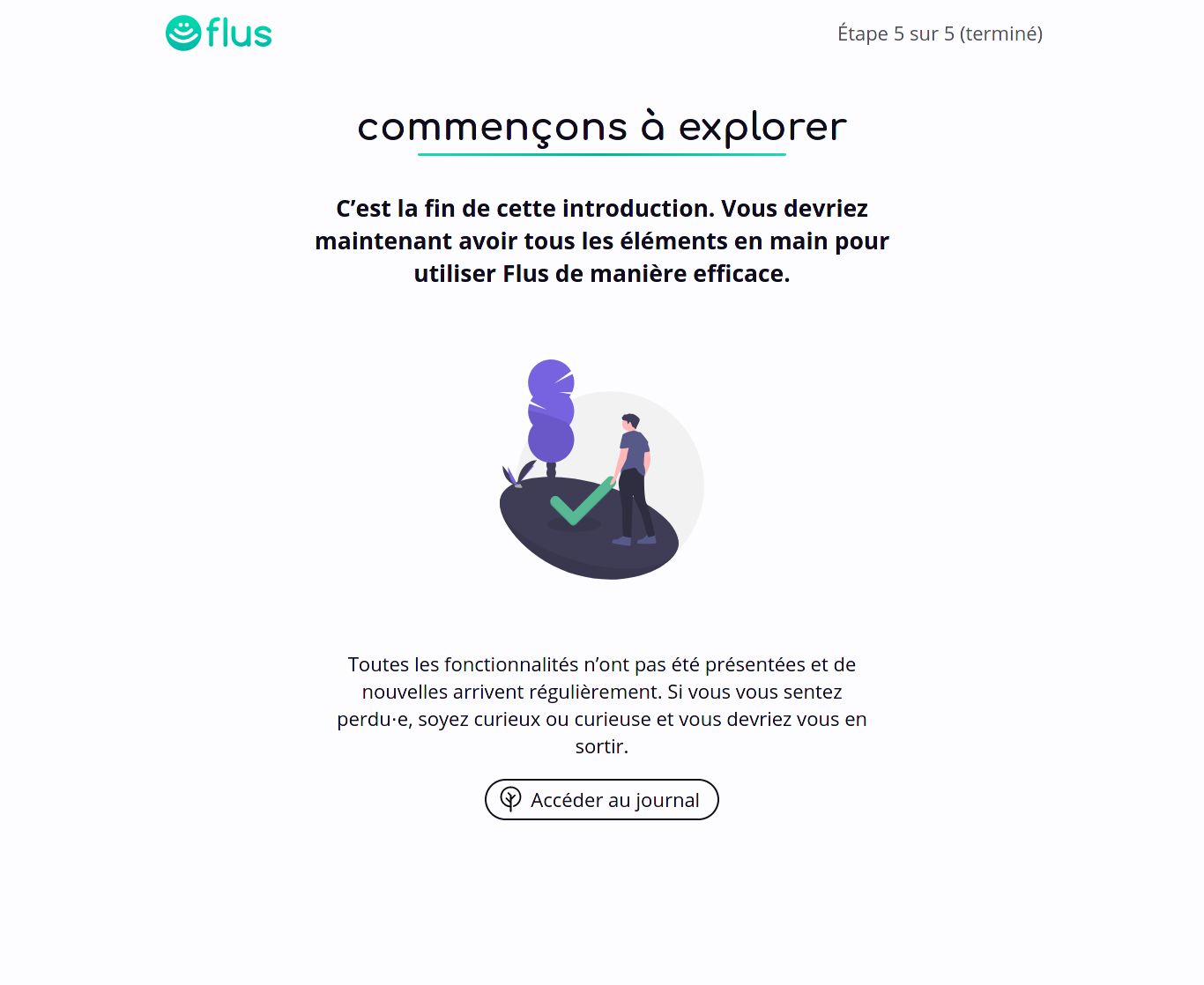 La dernière page de l’onboarding indiquant qu’il reste des choses à découvrir et proposant de se rendre sur le journal