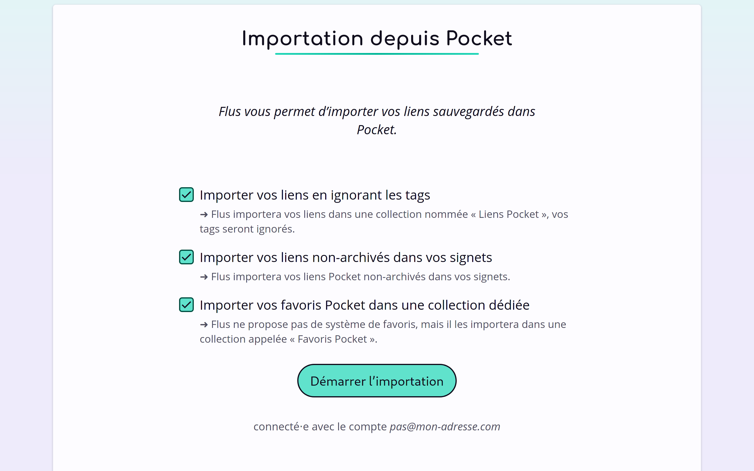 Formulaire invitant à importer les données depuis Pocket