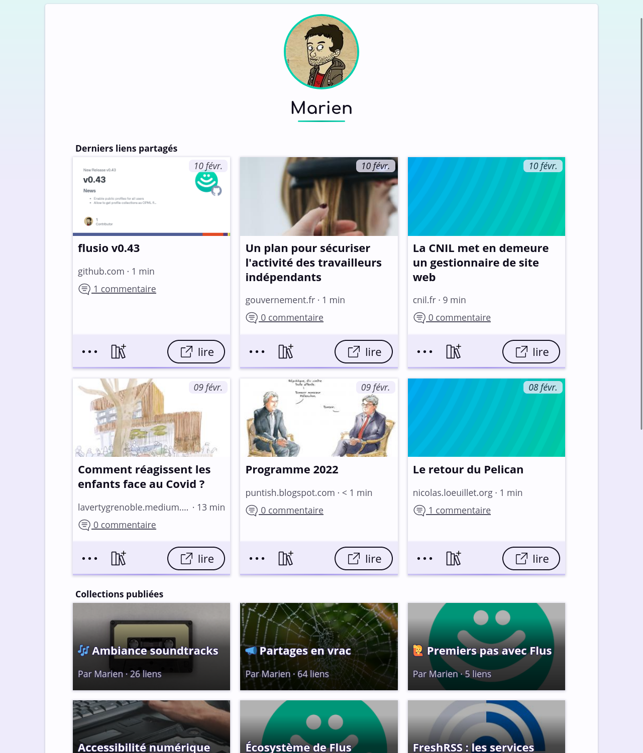 Ma page de profil Flus personnelle, affichant mes 6 derniers liens partagés et mes 14 collections publiques.
