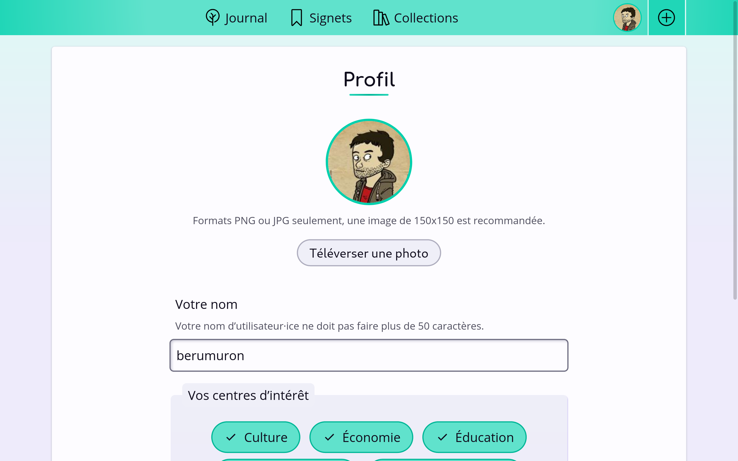 La page de profil de Flus, avec une photo de profil et un bouton pour en changer