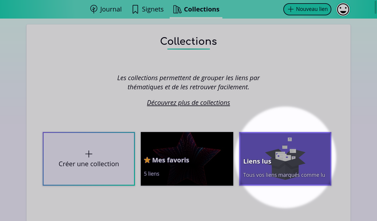 Capture d’écran du haut de la page de l’onglet Collections montrant deux collections, dont une intitulée « Liens lus »