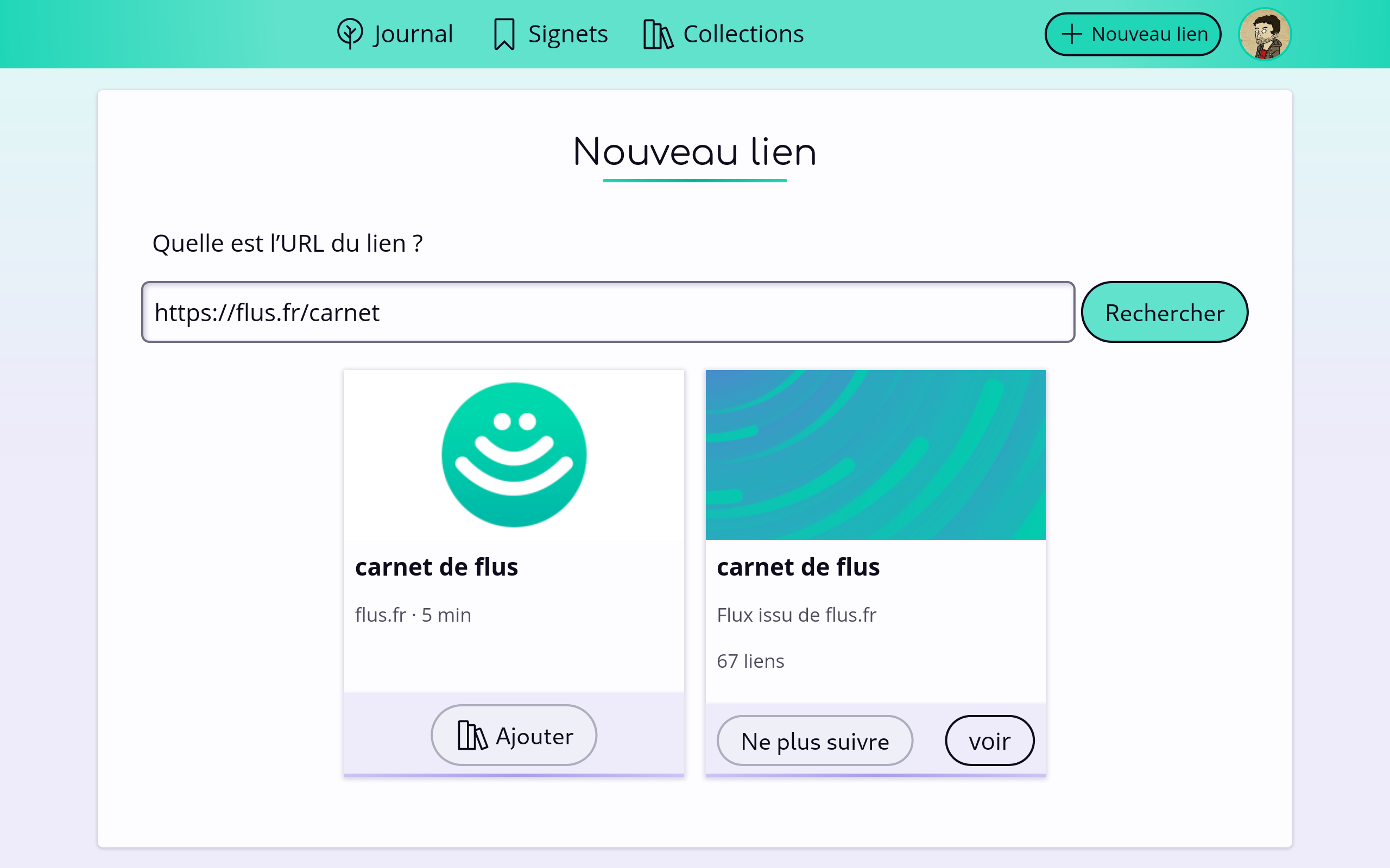 Capture d’écran de la page « Nouveau lien » avec le champs URL rempli, une prévisualisation du lien et… un flux à suivre ?