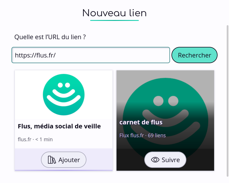 Capture d’écran de la page «&nbsp;Nouveau lien&nbsp;» avec le champs URL rempli et une prévisualisation du lie
n ainsi qu’un flux à suivre.