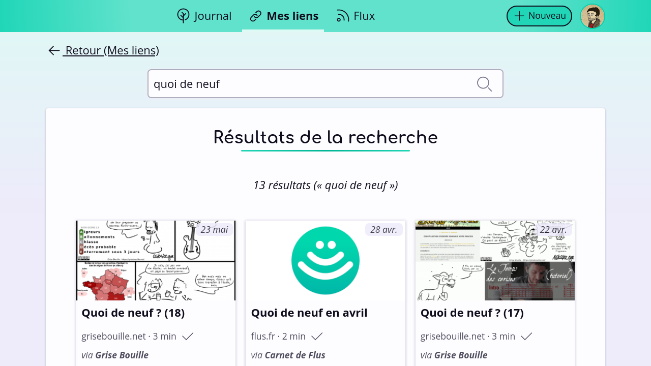 La page de résultats pour la recherche « quoi de neuf ». On y voit 3 liens sur les 13 résultats.