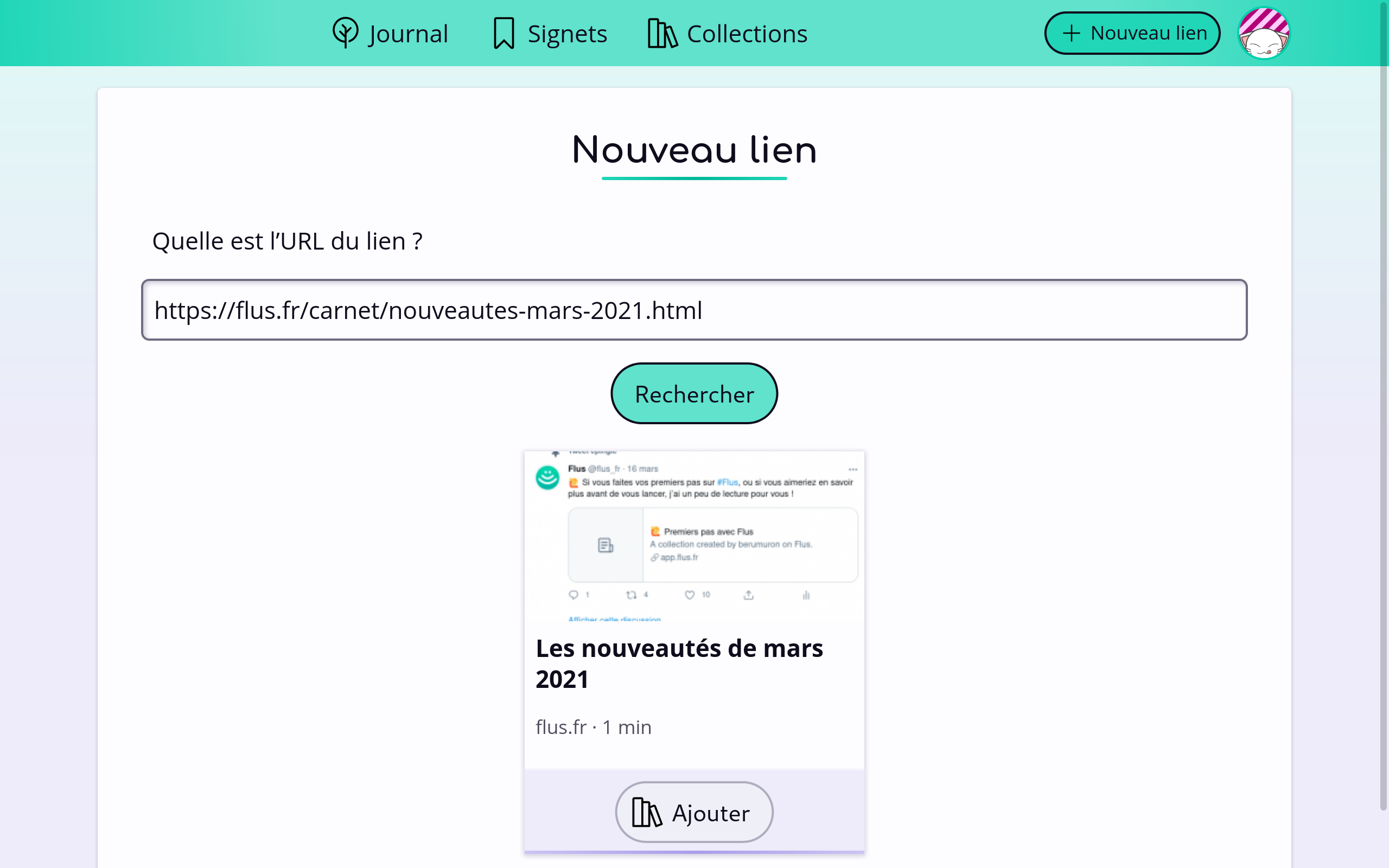 Capture d’écran de la page « Nouveau lien » avec le champs URL rempli et une prévisualisation du lien.