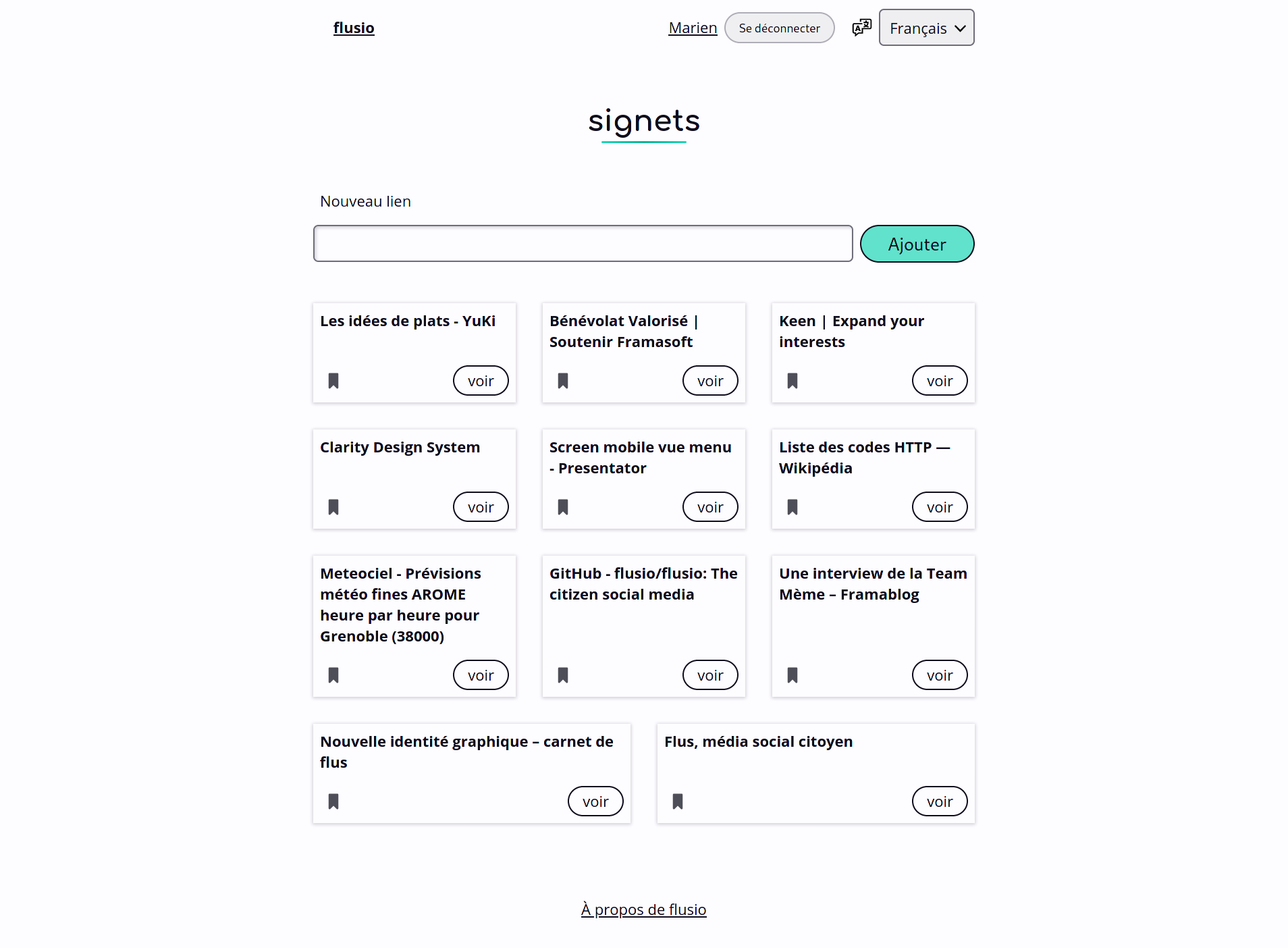 capture d'écran montrant des blocs représentant les liens et affichant le titre des pages externes, un formulaire est présent pour ajouter un nouveau lien