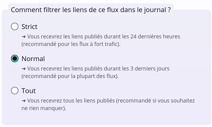 Capture d'écran d'un menu permettant de modifier le filtre de réception (strict, normal ou tout recevoir) des liens d’un flux