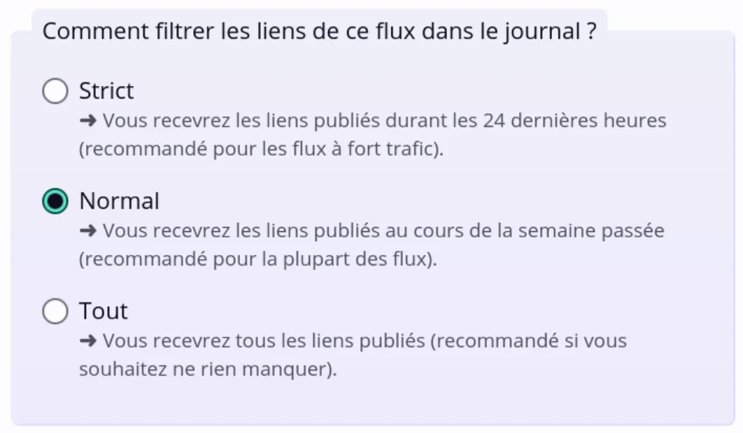Capture d'écran d'un menu permettant de modifier le filtre de réception (strict, normal ou tout recevoir) des liens d’un flux