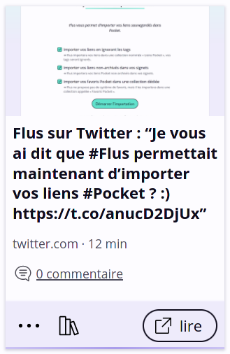Un lien dans Flus qui pointe vers Twitter, le titre contient le contenu du tweet.
