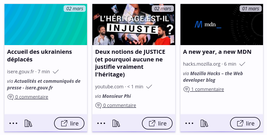 Une capture d'écran affichant 3 liens dans Flus, avec des informations indiquant via quels flux ils sont issus.