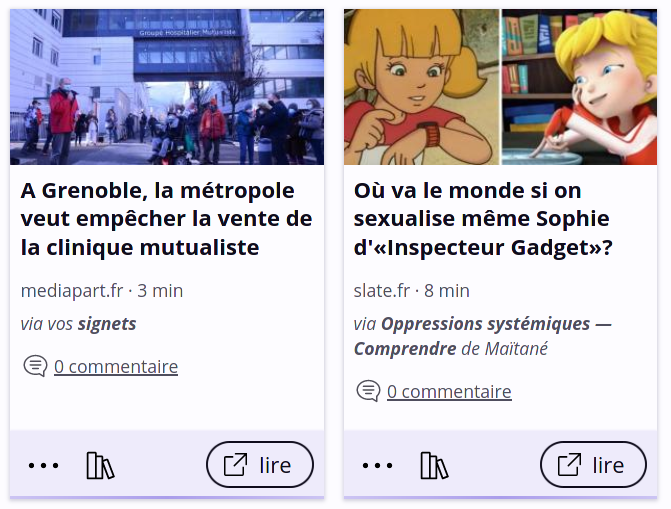 Capture d’écran de deux liens affichant « via vos signets » et « via » une collection.