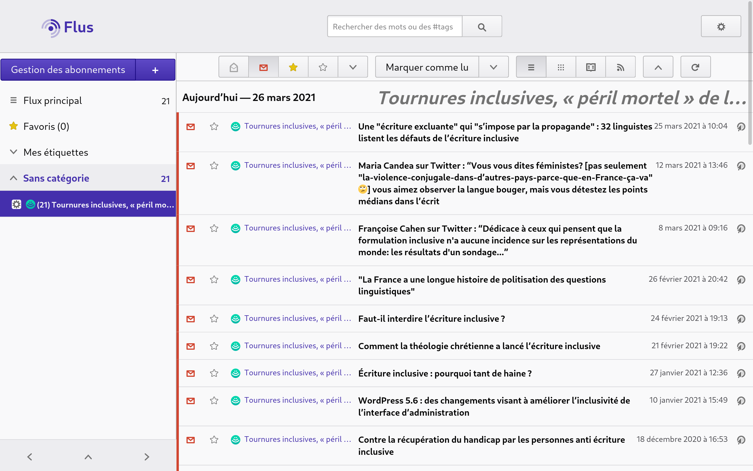 La liste des liens de la collection « Tournures inclusives, péril mortel de la langue » dans Flus 1