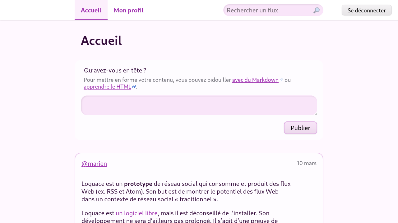 Une capture d’écran de Loquace montrant un champ de saisie pour écrire du texte et le début d’une publication. La navigation montre qu’il existe un profil et un champ de recherche pour trouver des flux.