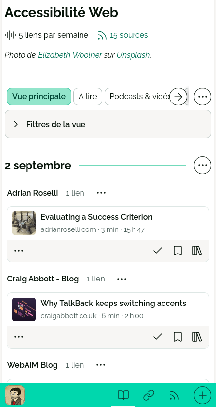L’écran Lecture de Flus sur mobile, avec un fil de veille « Accessibilité Web » et ses liens du jour.