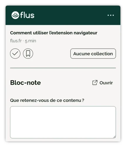L’extension navigateur affichant le titre d’un article et plusieurs actions pour l’enregistrer dans Flus.