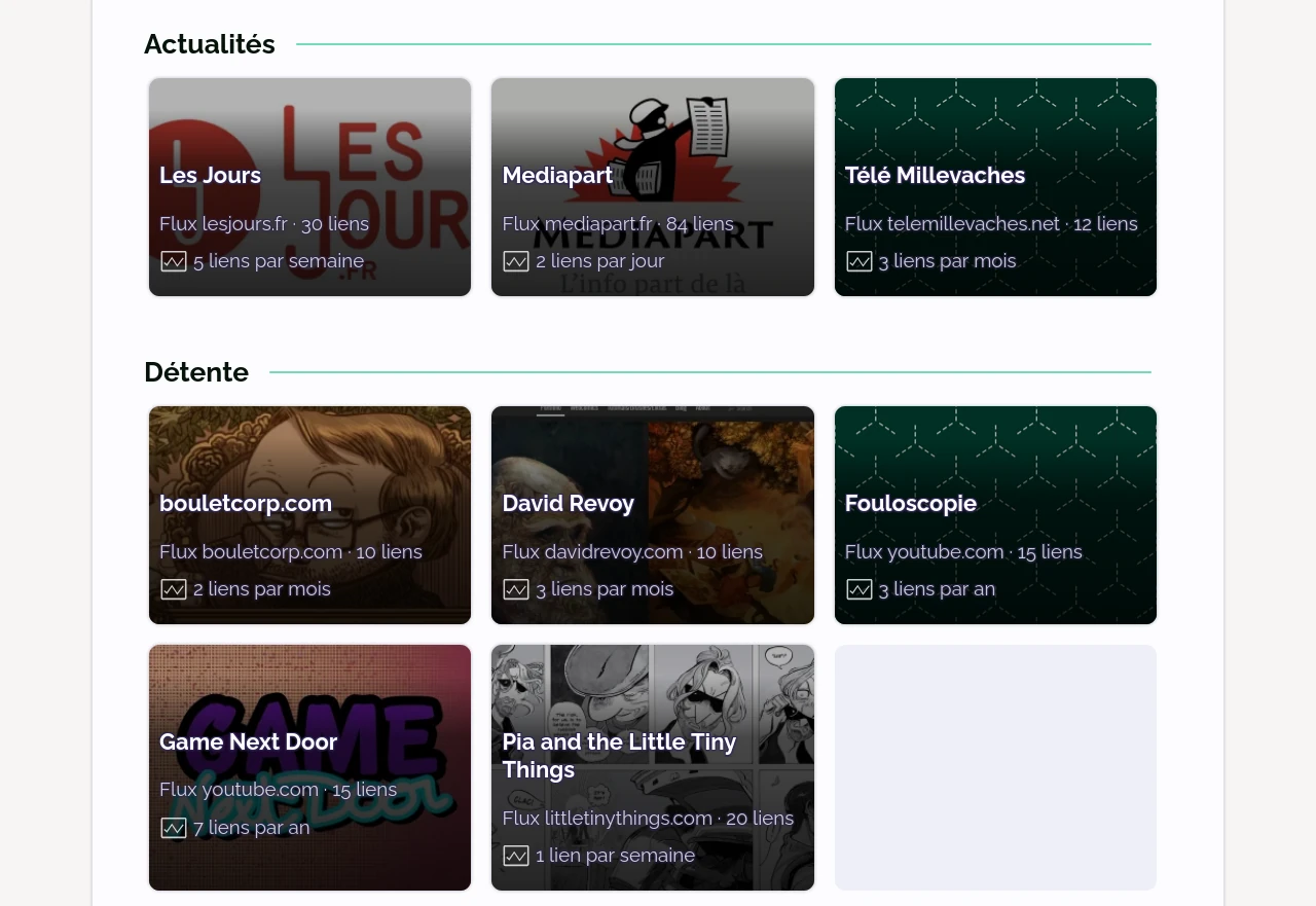 Un écran montrant deux groupes de flux (Actualités et Détente) contenant des flux Web.